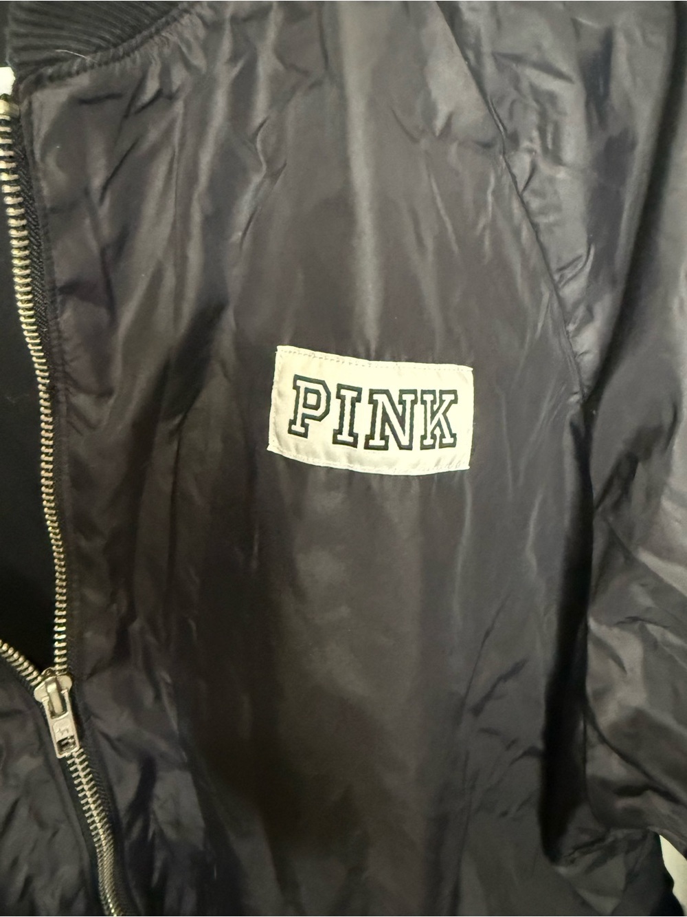 PINK Victoria’s Secret Black Bomber Jacket Large Y2K Spell Out Logo - Picture 4 of 4